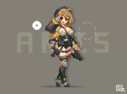 1girl :d ahoge animated anis_(nikke) bandolier belt beret black_hat black_jacket black_shorts black_thighhighs breasts brown_eyes brown_hair character_name cleavage crop_top fingerless_gloves full_body gloves goddess_of_victory:_nikke grey_gloves grey_shirt hat jacket large_breasts multicolored_jacket open_mouth orange_jacket pixel_art salute shirosu shirt short_hair short_shorts shorts signature single_glove smile solo standing tagme thigh_strap thighhighs two-tone_jacket video weapon