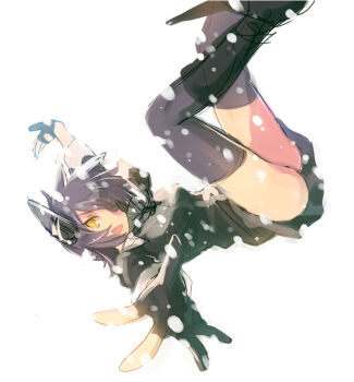 1girl black_bow black_cardigan black_gloves black_skirt boots bow breasts cardigan commentary_request eyepatch falling gloves headgear kantai_collection looking_at_viewer medium_breasts miniskirt open_mouth outstretched_arms partially_fingerless_gloves purple_hair short_hair simple_background skirt solo tenryuu_(kancolle) thighhighs tousaki_umiko white_background yellow_eyes