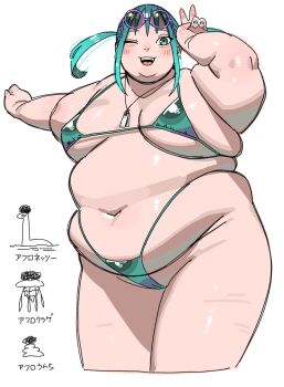 1girl aqua_eyes aqua_hair belly bikini blush breasts cameltoe dog_tags fat fat_rolls fat_woman green_bikini green_eyes green_hair green_nails highleg highleg_bikini jewelry medium_breasts medium_hair navel necklace one_eye_closed open_mouth original purple-framed_eyewear round_eyewear skindentation smile solo standing sunglasses sunglasses_on_head swimsuit thick_arms thick_thighs thighs twintails utoka v white_background wink