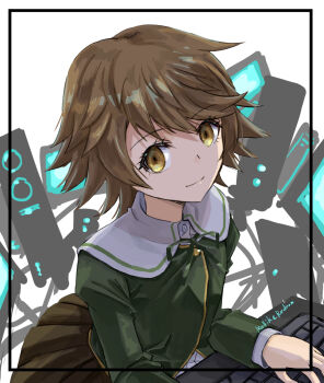 1boy at_computer brown_hair computer computer_keyboard crossdressing crossdressing_(mtf) danganronpa:_trigger_happy_havoc danganronpa_(series) fujisaki_chihiro highres jun_(rellik_&amp;_redrum) laptop looking_at_viewer male_focus short_hair skirt smile solo typing