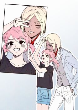 1boy 1girl bad_tag black_eyes black_shirt blonde_hair braid brother_and_sister gguck gouenji_shuuya gouenji_yuuka helmet highres inazuma_eleven_(series) inazuma_eleven_go jacket pants pink_hair selfie shirt shorts siblings smile tan twin_braids white_background white_pants