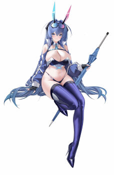 1girl absurdres azur_lane black_gloves black_shoes blue_hair breasts chinese_commentary cleavage commentary_request fingerless_gloves full_body gloves high_heels highres holding holding_umbrella invisible_chair kuyoumi large_breasts long_hair looking_at_viewer navel new_jersey_(azur_lane) new_jersey_(black_blur_prelude)_(azur_lane) official_alternate_costume purple_thighhighs shoes simple_background sitting smile solo stomach thighhighs umbrella very_long_hair white_background