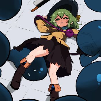 absurdres black_boots black_hat black_skirt boots bruise commentary_request foul_detective_satori from_above green_hair hat highres injury knife komeiji_koishi looking_at_viewer lying monadmandara on_back on_floor parted_lips shirt skirt third_eye tile_floor tiles torn_clothes touhou yellow_shirt