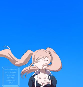 1girl black_shirt blue_background breasts closed_mouth collarbone commentary_request danganronpa:_trigger_happy_havoc danganronpa_(series) enoshima_junko highres large_breasts long_hair me-chan shirt simple_background solo twintails watermark