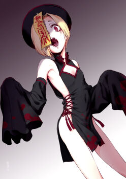 1girl black_dress black_hat black_sleeves blonde_hair blood blood_splatter breasts china_dress chinese_clothes commentary_request commission covered_navel detached_sleeves dokuromaru dress hair_over_one_eye hat highres idolmaster idolmaster_cinderella_girls jiangshi long_sleeves looking_at_viewer ofuda ofuda_on_head one_eye_covered open_mouth pelvic_curtain print_dress print_sleeves qingdai_guanmao red_eyes saliva saliva_trail shirasaka_koume short_hair side_slit skeb_commission sleeveless sleeveless_dress sleeves_past_fingers sleeves_past_wrists small_breasts solo splatter_print