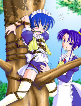 1boy 1girl apron artist_self-insert bdsm blue_eyes blue_hair blush bondage bound bulge cigarette cleave_gag cloth_gag crossdressing erection erection_under_clothes femdom flat_chest gag gagged improvised_gag izayoi_(spark_utamaro) lipstick maid maid_apron maid_headdress makeup original purple_eyes purple_hair rope sakura_(spark_utamaro) shibari shorts spark_utamaro thighhighs trap tree