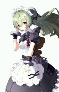 1girl absurdres animal_bag apron bear_bag belt black_dress black_nails breasts chain corin_wickes cowboy_shot cuffs dress green_hair hair_between_eyes highres long_hair looking_at_viewer maid maid_apron maid_headdress puffy_short_sleeves puffy_sleeves purple_eyes screw_hair_ornament short_sleeves signature simple_background smile solo twintails white_apron zenless_zone_zero zeroartwo