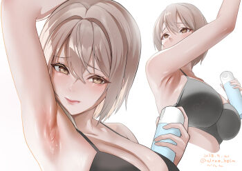 1girl alone_belm arm_up armpit_focus artist_name bra breasts brown_eyes closed_mouth commentary_request cropped_torso crossed_bangs dated deodorant double-parted_bangs embarrassed grey_bra grey_hair hand_up highres holding holding_spray_can huge_breasts looking_at_viewer looking_to_the_side multiple_views no_shirt original raised_inner_eyebrows red_lips short_hair simple_background spray_can sweat turning_around underwear watermark watermark_grid white_background
