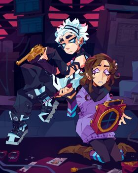 1boy 1girl aqua_boots arm_warmers black_arm_warmers black_nails black_pants black_pantyhose black_scarf bookmark boots brown_boots brown_hair cable closed_mouth commentary corvitorium dress ear_piercing english_commentary eyebrow_piercing eyelashes face_piercing fingernails flower golden_gun gun hair_flower hair_ornament highres holding holding_gun holding_screwdriver holding_weapon kneeling kurashiki_akane kyokugen_dasshutsu kyokugen_dasshutsu:_9_jikan_9_nin_9_no_tobira long_hair long_sleeves mismatched_eyebrows monitor nail_polish pants pantyhose piercing purple_dress santa_(kyokugen_dasshutsu) scarf screw screwdriver shirt sitting sleeveless sleeveless_shirt socks spoilers striped_clothes striped_socks thick_eyebrows two-tone_socks unworn_wristwatch watch weapon white_hair white_shirt wristwatch