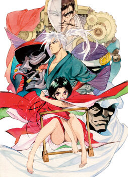 1girl 5boys agahari aqua_kimono armor ayawatari_rangiku barefoot benkeimaru black_hair cloak closed_mouth commentary_request facial_hair gears half_mask helmet hood hood_up hooded_cloak japanese_armor japanese_clothes jiroumaru kabuto_(helmet) karakuri_no_kimi karimata_sadayoshi kimono long_hair looking_at_viewer manajiri_yasaburou mask mask_over_one_eye mouth_mask multiple_boys mustache ninja ninja_mask open_mouth ponytail red_eyes red_kimono short_hair string sword taroumaru weapon white_cloak white_hair