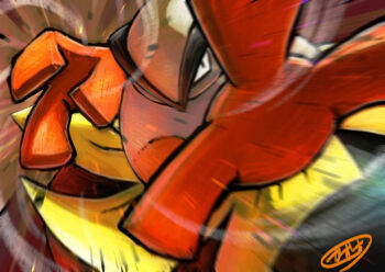 commentary_request gen_3_pokemon hariyama kaosu_(kaosu0905) nintendo no_humans pokemon pokemon_(creature) pokemon_focus signature solo v-shaped_eyebrows wind