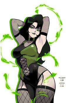 1girl absurdres black_hair black_lips breasts choker clothing_cutout dress fire fishnet_gloves fishnets gloves green_choker green_eyes green_fire highres kim_possible_(series) large_breasts long_hair looking_at_viewer navel pale_skin pelvic_curtain redpostit shego sleeveless sleeveless_dress smile stomach_cutout