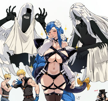 2girls 3boys androgynous bare_shoulders belt black_hair black_pants black_shirt blonde_hair blue_gloves blue_hair blush bow braid breasts camera cleavage closed_eyes closed_mouth detached_sleeves dizzy_(guilty_gear) eyepatch flower gloves grin guilty_gear hair_flower hair_ornament hair_ribbon hand_on_own_cheek hand_on_own_face hat heart high_collar highres holding holding_camera husband_and_wife ky_kiske large_breasts liangjushuang long_hair looking_at_viewer midriff monster monster_girl multiple_boys multiple_girls muscular muscular_male navel necro_(guilty_gear) ok_sign pants parted_lips partially_fingerless_gloves queen_dizzy red_eyes revealing_clothes ribbon shirt short_hair sin_kiske skindentation sleeveless sleeveless_shirt smile swept_bangs tail tail_bow tail_ornament tail_ribbon teeth testament_(guilty_gear) thighhighs top_hat undine_(guilty_gear) veil very_long_hair white_background white_flower white_hair yellow_ribbon