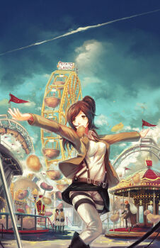 2boys 2girls amusement_park belt black_hair boots brown_eyes brown_hair carousel cloud crossover eren_yeager ferris_wheel fire_emblem fire_emblem_awakening food food_in_mouth gaius_(fire_emblem) highres jacket mikasa_ackerman mouth_hold multiple_boys multiple_girls nintendo outstretched_arms ponytail potato roller_coaster sasha_blouse scarf shingeki_no_kyojin short_hair sky softmode spinning_teacup spread_arms star_(sky) starry_sky tears thigh_strap trait_connection when_you_see_it yellow_eyes