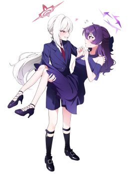 2girls :d black_footwear black_necktie black_shorts black_socks blazer blue_archive carrying collared_shirt commentary_request detached_sleeves dress earrings evening_gown flying_sweatdrops full_body grin halo haruka_(blue_archive) haruka_(dress)_(blue_archive) heart high_heels highres jacket jewelry kneehighs long_hair long_sleeves looking_at_another low_ponytail multiple_girls mutsuki_(blue_archive) mutsuki_(suit)_(blue_archive) necktie official_alternate_costume official_alternate_hairstyle open_mouth pearl_earrings pineap000 pointy_ears ponytail princess_carry purple_dress purple_eyes purple_hair red_eyes shirt shoes short_sleeves shorts sidelocks simple_background smile socks standing strappy_heels sweatdrop wavy_hair white_background white_hair white_shirt