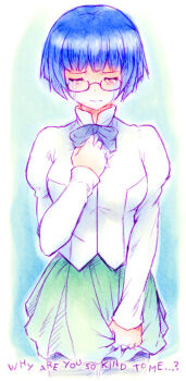 1girl blue_hair bow bowtie closed_eyes closed_mouth collared_shirt commentary cowboy_shot crying dress_shirt english_commentary english_text green_skirt hakamichi_shizune hand_on_own_chest katawa_shoujo long_sleeves mike_inel pleated_skirt semi-rimless_eyewear shirt short_hair skirt skirt_hold solo standing straight-on under-rim_eyewear white_shirt