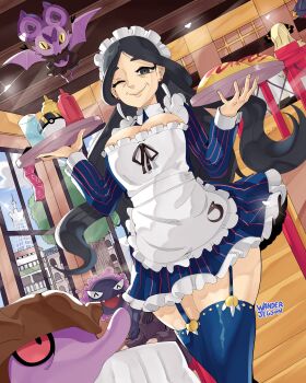 1girl ^_^ absurdres alternate_costume apron bat_(animal) black_eyes black_fur black_hair blue_dress blue_thighhighs body_fur breasts building cafe cameo cleavage cleavage_cutout closed_eyes clothing_cutout condom condom_packet_strip condom_wrapper cowboy_shot cup cynthia_(pokemon) drasna_(pokemon) dress drink dutch_angle earrings enmaided eyelashes fangs food frilled_apron frilled_dress frilled_hairband frills from_inside garchomp garter_straps gastly gen_1_pokemon gen_4_pokemon gen_6_pokemon glint hairband hands_up hex_maniac_(pokemon) hex_maniac_(pokemon_xy) highres holding holding_tray indoors jewelry ketchup_bottle large_breasts long_sleeves looking_at_viewer lumiose_city maid maid_apron maid_cafe maid_headdress mature_female mustard_bottle nintendo noibat omelet omurice one_eye_closed open_mouth pinstripe_dress pinstripe_pattern poke_ball pokemon pokemon_(creature) pokemon_xy prism_tower purple_fur short_dress skrelp smile solo_focus sparkle thighhighs tooth_earrings tower tray tree ultra_ball unusually_open_eyes waitress wanderjegson water window wrinkled_skin