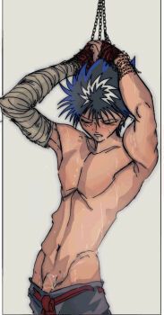 1boy arms_up bandaged_arm bandages black_hair chain chained_wrists closed_eyes gradient_hair hiei4455 hiei_(yu_yu_hakusho) male_focus multicolored_hair penis penis_peek solo spiked_hair sweat topless_male yuu_yuu_hakusho
