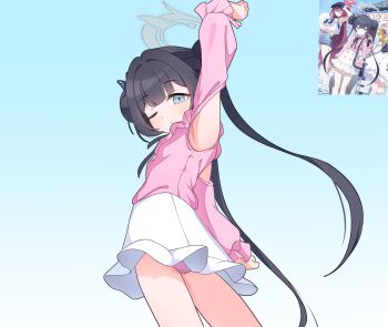 3girls absurdres black_hair blue_archive commentary_request grey_halo halo highres kisaki_(blue_archive) kokona_(blue_archive) korean_commentary kujj0531 long_hair looking_at_viewer multiple_girls one_eye_closed pink_shirt reijo_(blue_archive) shirt simple_background skirt solo thighs twintails white_background white_skirt