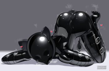 Rule 34 | 1girl, all fours, animal ears, bitchsuit, bodysuit, butt plug, fake animal ears, full body, gimp mask, grey background, highres, human dog, inflatable buttplug, latex, latex bodysuit, looking at viewer, maguro27, mask, original, pet play, pussy juice, sex toy, shiny clothes, simple background, skin tight, solo, toe scrunch, trembling, variant set