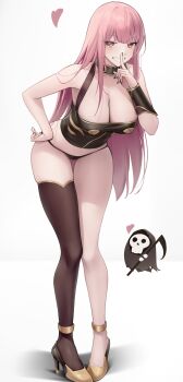 1girl absurdres bare_shoulders black_panties black_thighhighs blush breasts cleavage death-sensei_(mori_calliope) full_body heart heart_in_eye high_heels highres hololive hololive_english large_breasts long_hair mori_calliope mori_calliope_(1st_costume) panties pink_hair red_eyes simple_background single_thighhigh smile solo_focus somebody_(leiking00) standing symbol_in_eye thigh_gap thighhighs underwear very_long_hair virtual_youtuber white_background