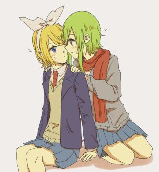 2girls blonde_hair blue_eyes blue_jacket blue_skirt blush bow brown_sweater collared_shirt commentary_request green_eyes green_hair grey_sweater gumi hair_bow hairband hands_on_another's_shoulders jacket kagamine_rin looking_at_another multiple_girls necktie notice_lines open_clothes open_jacket parted_lips pleated_skirt red_necktie red_scarf scarf seiza shirt short_hair sidelocks simple_background sitting skirt sweat sweater vocaloid white_background white_bow white_hairband white_shirt wounds404