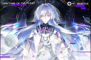 Rule 34 | 2girls, absurdres, character name, chinese commentary, chromatic aberration, colored eyelashes, commentary request, cube, dress, dual persona, earrings, eyes visible through hair, grey hair, hair ornament, hair over one eye, halo, highres, id card, jacket, jewelry, long hair, minglu (gululu), mornye (wuthering waves), multiple girls, open hands, partial commentary, planet, purple dress, red eyes, sky, solo, space, star (sky), starry sky, time paradox, triangle earrings, very long hair, white dress, white jacket, wuthering waves