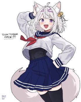 1girl ahoge animal_ear_fluff animal_ears bell black_leotard black_ribbon black_thighhighs blue_sailor_collar blue_skirt cat_ears cat_girl cat_tail collared_shirt commentary english_commentary eyelashes fangs filian_(vtuber) hair_bell hair_intakes hair_ornament hair_ribbon hand_on_own_head hand_on_own_hip highres indie_virtual_youtuber inktober leotard leotard_under_clothes long_sleeves open_mouth purple_eyes ribbon rindo_(vrchat) sailor_collar school_uniform serafuku shelovesbali shirt simple_background skirt smile solo tail teeth thighhighs upper_teeth_only virtual_youtuber white_background white_hair white_shirt