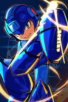 Rule 34 | 1boy, absurdres, arm cannon, blue background, blue eyes, blue helmet, glint, helmet, highres, male focus, mega man (character), mega man (classic), mega man (series), smirk, solo, spacedawgspace, weapon