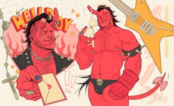 Rule 34 | !, !!, 1boy, :d, \m/, absurdres, bara, barbell piercing, black hair, black jacket, black male underwear, blue nails, bow, bra, bra on head, broken horn, bulge, character name, chest hair, colored skin, commentary, demon boy, ear piercing, electric guitar, eyebrow piercing, face piercing, groin, guitar, halo, heart, hellboy, hellboy (comic), highres, holding, holding letter, horn piercing, horns, industrial piercing, instrument, ives navarro, jacket, letter, love letter, male focus, male underwear, mohawk, multiple views, nail polish, nipple piercing, object on head, one eye closed, open mouth, pectorals, piercing, red skin, rosary, smile, spiked jacket, spikes, tail, tongue, tongue out, underwear, untranslatable commentary, yellow eyes