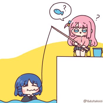 2girls ? absurdres blue_eyes blue_hair bocchi_the_rock! bucket chibi chibi_only closed_eyes commentary_request fishing fishing_rod gotoh_hitori highres holding holding_fishing_rod jacket long_hair multiple_girls pink_hair pink_jacket pleated_skirt skirt speech_bubble spoken_animal twitter_username two-tone_background yakotako yamada_ryo