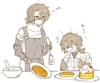 Rule 34 | 2boys, absurdres, alternate costume, antennae, apron, apron pocket, arthropod boy, arthropod limbs, bandage on face, bandage over one eye, bandaged head, bandages, beard stubble, black-framed eyewear, black-framed glasses, blue pants, blush, bowl, brown apron, brown eyes, brown gloves, brown hair, closed mouth, cockroach boy, cooking, covered collarbone, dessert, dual persona, eighth note, elbow gloves, facial hair, feeding, food, fruit, frying pan, g corp. (identity) (project moon), glasses, gloves, gregor (project moon), hair between eyes, half-closed eyes, happy, highres, holding, holding frying pan, holding spatula, insect wings, jacket, lily26983455, limbus company, limited palette, long hair, long sleeves, looking at another, looking at food, looking down, low ponytail, male focus, mechanical arms, monochrome, monster boy, multiple boys, musical note, official alternate costume, one eye covered, open mouth, pancake, pants, parted bangs, partially colored, pastry, plate, pocket, ponytail, project moon, prosthesis, prosthetic arm, r.b. (identity) (project moon), semi-rimless eyewear, shirt, simple background, single mechanical arm, sleeves rolled up, sparkle, spatula, spoon, stubble, sweater, turtleneck, turtleneck shirt, turtleneck sweater, under-rim eyewear, upper body, white background, white sweater, wings