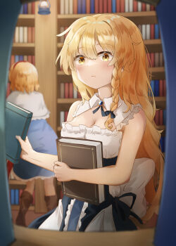 2girls alice_margatroid bare_shoulders black_dress blonde_hair blue_bow blue_dress book bookshelf bookshelf_pov boots bow braid breasts brooch capelet cleavage detached_collar dress frilled_dress frills hair_bow hairband highres holding holding_book jewelry kirisame_marisa lamp light_blush long_hair multiple_girls red_hairband sefushi short_hair side_braid single_braid sleeveless touhou