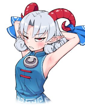 Rule 34 | 1girl, armpits, arms behind head, arms up, bare shoulders, blue dress, blush, breasts, clenched teeth, commentary request, curled horns, dress, earrings, frown, grey hair, highres, horn ornament, horn ribbon, horns, jewelry, looking at viewer, pointy ears, red eyes, red horns, ribbon, sharp teeth, sheep horns, short hair, simple background, sleeveless, sleeveless dress, solidus (sword cube), solo, sweat, teeth, textless version, touhou, toutetsu yuuma, upper body, v-shaped eyebrows, variant set, white background