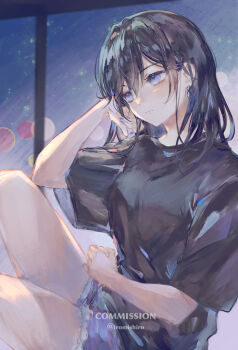 1girl artist_name black_hair black_shirt blue_eyes blue_nails blush commentary commission denim denim_shorts earrings highres jewelry long_hair mishiro_(iromishiro) original shirt short_sleeves shorts skeb_commission solo t-shirt