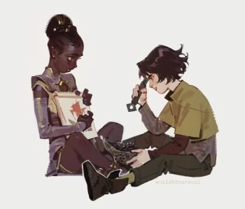 1boy 1girl aged_down alternate_costume alternate_universe arcane:_league_of_legends black_pants black_shirt brown_eyes brown_hair couple dark-skinned_female dark_skin detached_sleeves dress ear_piercing enilehtnorevol from_side green_shirt grey_background hair_ornament hair_up hashtag-only_commentary holding layered_clothes league_of_legends long_sleeves looking_down looking_up mel_(league_of_legends) notebook pants parted_lips piercing shirt short_sleeves simple_background sitting tools very_dark_skin viktor_(league_of_legends)