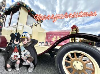 2boys absurdres black_coat black_gloves black_hair brown_hair brown_shorts car closed_mouth cloud cloudy_sky coat commentary_request crossed_bangs day english_text florian_(pokemon) gloves grey_shoes grey_socks hair_between_eyes hand_up hat hei_tai_(kyaputen1) highres kieran_(pokemon) male_focus merry_christmas motor_vehicle multiple_boys nintendo outdoors photo_background pokemon pokemon_sv scarf shoes short_hair shorts sky smile socks squatting v yellow_eyes