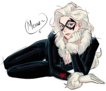 1girl black_bodysuit black_cat_(marvel) blue_eyes bodysuit breasts cleavage domino_mask eye_mask felicia_hardy fur_trim gloves highres large_breasts long_hair looking_at_viewer marvel mask simple_background smile solo spider-man_(series) spidercvlt superhero_costume white_hair