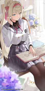 absurdres alva_(girls'_frontline_2) alva_(wisteria_tidings)_(girls'_frontline_2) an-94_(girls'_frontline) aqua_eyes artist_request black_skirt blonde_hair brown_pantyhose chinese_commentary chinese_text commentary_request copyright_notice english_text girls'_frontline girls'_frontline_2:_exilium hairband highres long_hair long_sleeves looking_down mixed-sex_bathing official_alternate_costume official_alternate_hairstyle official_art pantyhose pink_hairband pink_ribbon pleated_skirt ponytail reading ribbon sailor_collar shared_bathing sitting skirt smile