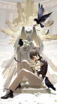 1boy absurdres angel_statue angel_wings belt bird black_belt black_hair black_shirt black_shoes book bouquet brown_pants church closed_eyes crow dianzi_he_kele dual_persona ensemble_stars! feathers flower full_body hair_between_eyes head_down highres holding holding_bouquet jewelry male_focus medium_hair pants petals ring rose rose_petals sakuma_rei_(ensemble_stars!) self_hug shirt shoes sidelocks sitting statue three-quarter_sleeves watch white_flower white_petals white_rose wings wristwatch
