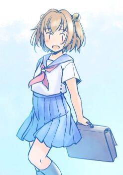 Rule 34 | 1girl, :d, alternate costume, arms behind back, bell, black boots, blue background, blue sailor collar, blue skirt, blush, boots, briefcase, brown hair, collared shirt, feet out of frame, hair bell, hair ornament, high-waist skirt, knees, looking to the side, motoori kosuzu, neckerchief, odaibako, open mouth, pleated skirt, purple eyes, rangycrow, red neckerchief, sailor collar, sailor shirt, school briefcase, shirt, short hair, short sleeves, skirt, smile, solo, touhou, white shirt, | |