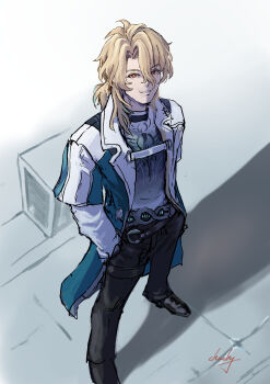 1boy absurdres black_pants blonde_hair chucky_(chucky1000sun) coat commentary_request from_above gradient_clothes gradient_shirt hair_between_eyes hands_in_pockets highres looking_at_viewer looking_up luuk_herssen_(wuthering_waves) male_focus multicolored_coat pants parted_lips red_eyes shirt signature smile solo standing two-tone_coat white_coat wuthering_waves