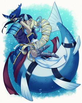 1boy 1girl arm_around_neck armor armored_boots bechno_kid belt black_hair blonde_hair blue_armor boots breasts digimon digimon_(creature) digimon_story:_time_stranger dress fins hands_on_another&#039;s_waist head_fins hug japanese_armor kiss kusazuri long_hair merman monster_boy neptunemon no_headwear o-ring o-ring_bottom o-ring_panties ocean panties shoulder_armor sideboob sode strapless strapless_dress underwear venusmon very_long_hair wing_ears