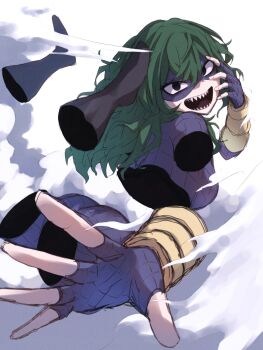 1girl ass black_eyes bodysuit boku_no_hero_academia breasts disembodied_hand disembodied_head disembodied_torso domino_mask eye_mask fingerless_gloves ginjaeru gloves green_hair hair_between_eyes highres long_hair looking_at_viewer mask open_mouth purple_bodysuit purple_mask sharp_teeth smile solo superhero_costume teeth tokage_setsuna