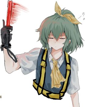 1girl ascot black_gloves blue_vest bow closed_eyes closed_mouth collared_shirt commentary_request cookie_(touhou) daiyousei diyusi_(cookie) expressionless gloves green_hair hair_bow high-visibility_clothing high-visibility_vest medium_hair shirt simple_background solo touhou traffic_baton upper_body vest white_background white_shirt yellow_ascot yellow_bow yukine_0930