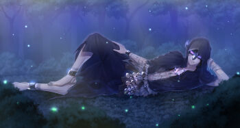 1boy abs arm_support barefoot black_tunic body_markings bush eli_clark eli_clark_(experienced_huntsman) eye_mask forest full_body glowing glowing_eyes grass hand_on_own_thigh head_on_hand highres hood hood_up horns identity_v light_particles looking_at_viewer lying male_focus mask nature on_side pectoral_cleavage pectorals purple_eyes shiroma_kira single_horn solid_eyes solo tunic