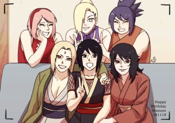 6+girls black_eyes black_hair blonde_hair blue_eyes boruto:_naruto_next_generations breasts cleavage commentary_request dated facial_mark forehead_mark hair_ornament hair_over_one_eye hairband hairclip haori happy_birthday haruno_sakura highres japanese_clothes kimono korean_commentary large_breasts mature_eyes mature_female may_c mitarashi_anko multiple_girls naruto_(series) pink_hair plump ponytail red_eyes red_hairband red_kimono shizune_(naruto) signature tsunade_(naruto) v yamanaka_ino yuuhi_kurenai