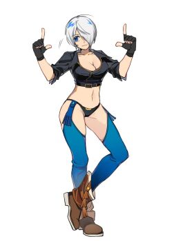 Rule 34 | 1girl, amo brief, angel (kof), blue eyes, boots, breasts, female focus, huge breasts, jacket, large breasts, leather, pale skin, panties, short hair, smile, smiley face, standing, the king of fighters, thick thighs, thighs, underwear, white hair