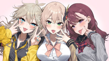 Rule 34 | 3girls, :p, black shirt, blue eyes, blue nails, blush, bow, breasts, brown hair, cevio, character request, collarbone, collared shirt, commentary request, double v, dress shirt, girl sandwich, green eyes, grey sweater, hair between eyes, hand up, hands up, highres, jacket, kasukabe tsumugi, large breasts, long hair, long sleeves, mole, mole under eye, multiple girls, nail polish, natsuki karin, necktie, open clothes, open jacket, pink background, pink bow, plaid bow, puffy long sleeves, puffy sleeves, purple eyes, red bow, sandwiched, school uniform, scrunchie, shirt, simple background, sleeves past wrists, sweater, tongue, tongue out, upper body, v, voicevox, white shirt, wrist scrunchie, yappen, yellow jacket, yellow necktie, yellow scrunchie