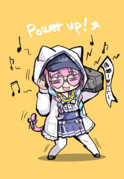 1girl =_= animal_ears animal_hood baseball_cap black_shoes blue_bow blue_bowtie blue_hair blue_hat blue_sailor_collar blue_skirt blue_streaks blunt_bangs bow bowtie braid braided_twintails cat_ears cat_hood cat_tail chibi chibi_only closed_eyes commentary_request dancing deformed dj frilled_sailor_collar frills full_body hand_on_headphones haniwa_(leaf_garden) hat hat_under_hood headphones heart heart-shaped_eyewear high-waist_skirt holding_boombox hololive hood hood_up hooded_jacket jacket long_hair long_sleeves minato_aqua minato_aqua_(sailor) miniskirt multicolored_hair musical_note official_alternate_costume official_alternate_hairstyle open_clothes open_jacket pantyhose pink-tinted_eyewear purple_hair ribbon sailor_collar school_uniform serafuku shirt shoes simple_background skirt solo streaked_hair sunglasses tail tail_ornament tail_ribbon tinted_eyewear twintails two-tone_hair underbust virtual_youtuber white_jacket white_pantyhose white_shirt yellow_background